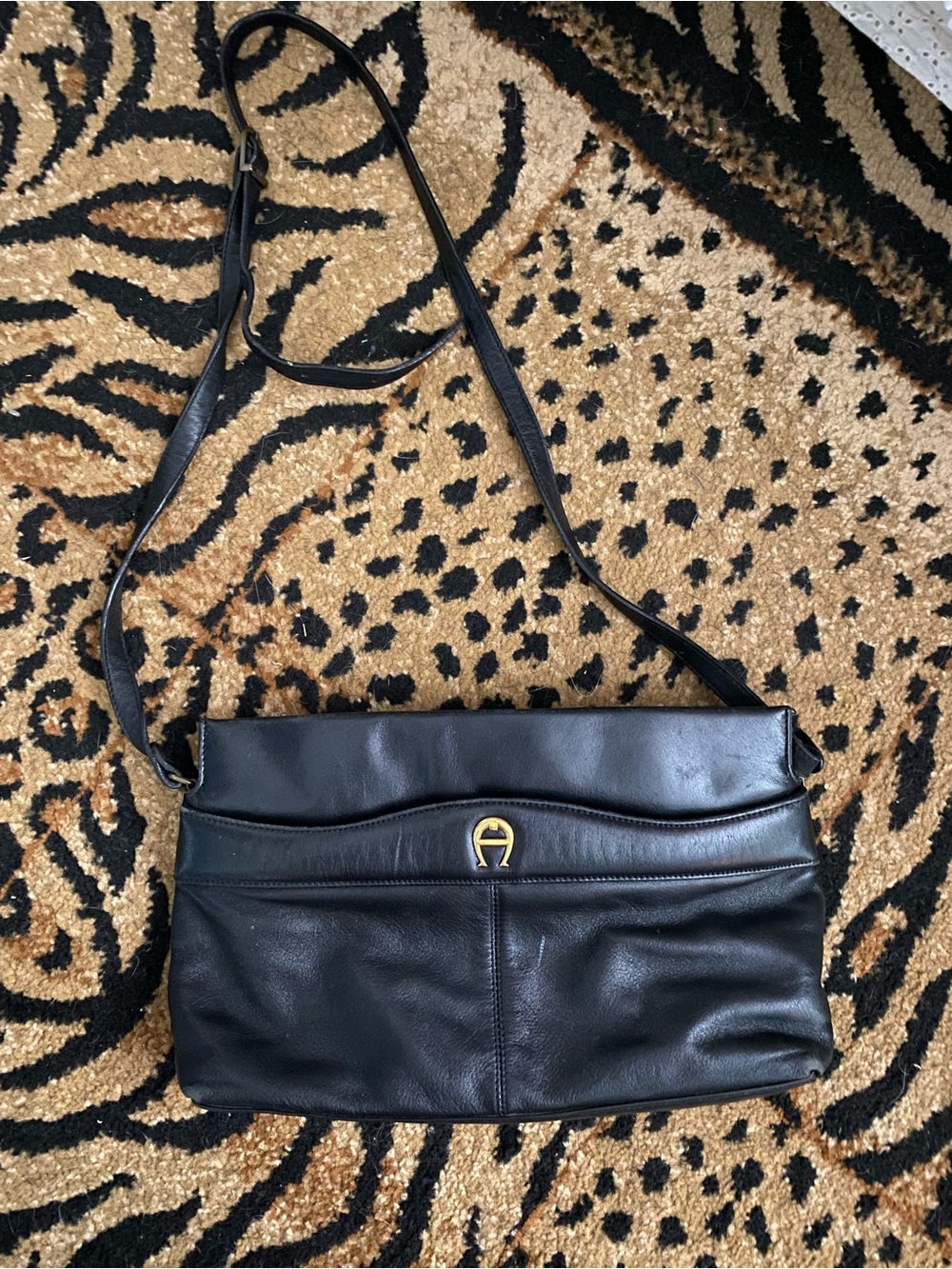 Vintage Black Leather Shoulder Bag with Gold Accent